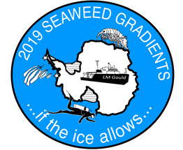 Project Patch: Antarcitc continent with a SCUBA diver and seaweed surrounded by text: 2019 Seaweed Gradients...if the ice allows...