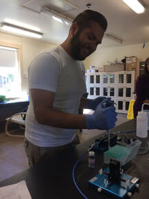 Steven Manos demonstrating lab bench chemistry