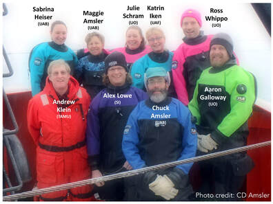 Field team photo, from left to right: back row - Sabrina Heiser, Maggie Amsler, Julie Schram, Katrin Iken, Ross Whippo; Front row: Andrew Klein, Alex Lowe, Chuck Amsler, Aaron Galloway